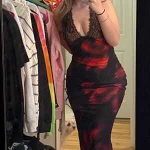 White Fox Boutique Red and Black Backless Maxi Dress